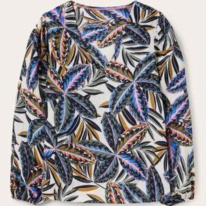 Boden V-Neck 100% Linen Top Size 8 Long Balloon Sleeves Tropical Floral Tunic